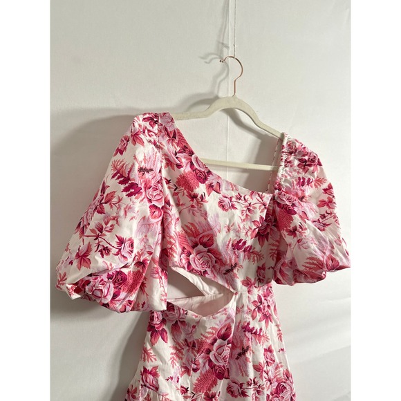 Hello Molly • Floral Cutout Puff Sleeve Square Neck Mini Dress Pink White XS US2 - Picture 5 of 8